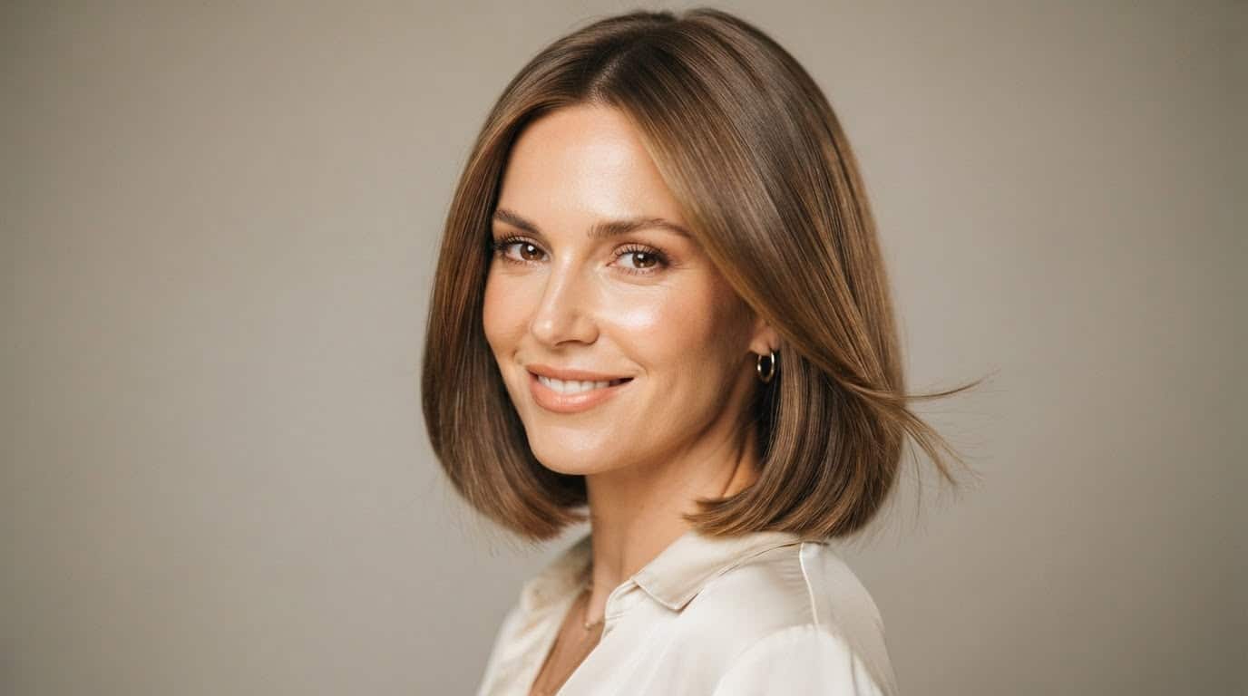 Woman with a full glossy blunt bob on fine hair — best hairstyles for fine hair