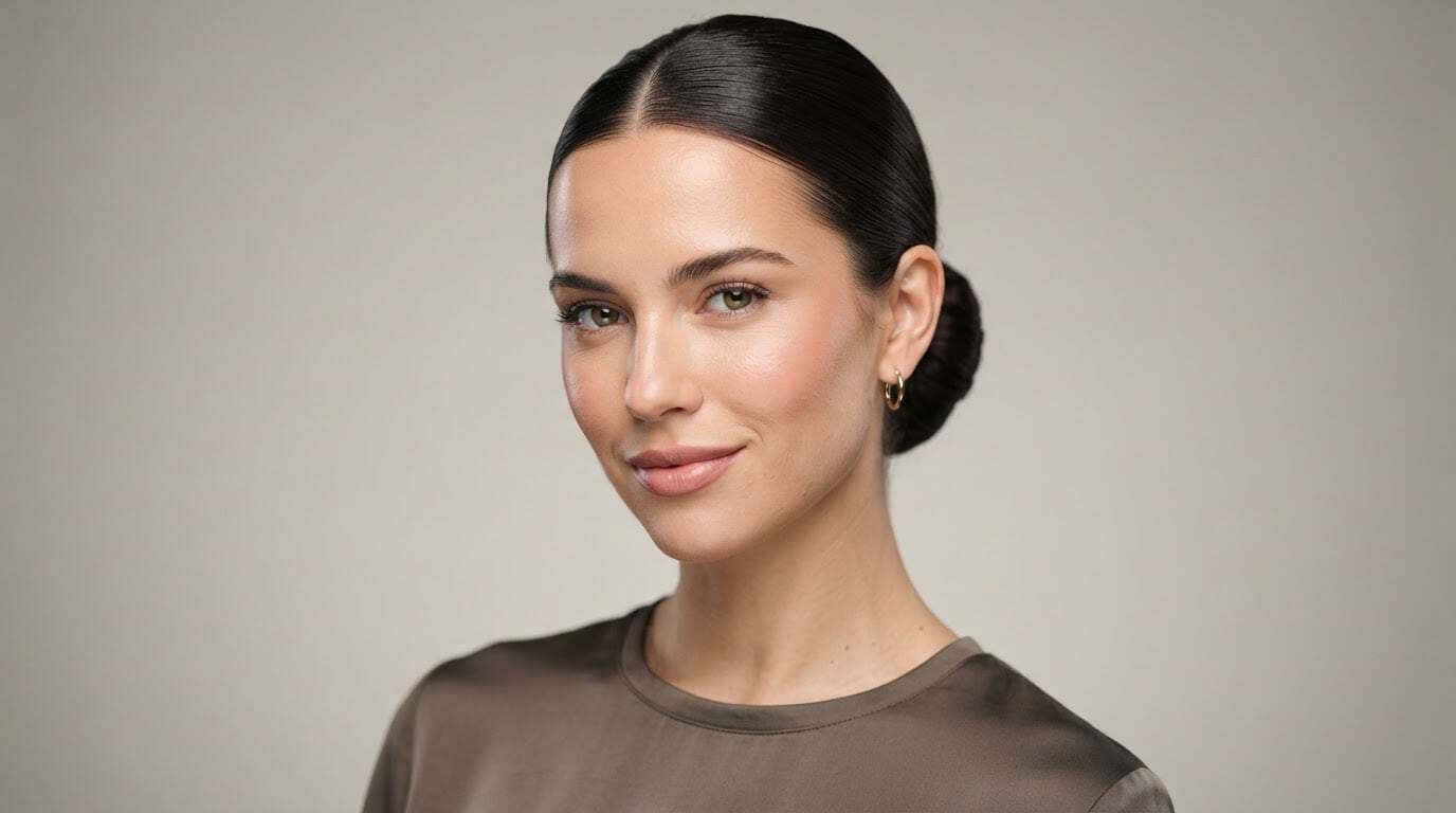 Woman with hair pulled back revealing her face shape — how to find your face shape
