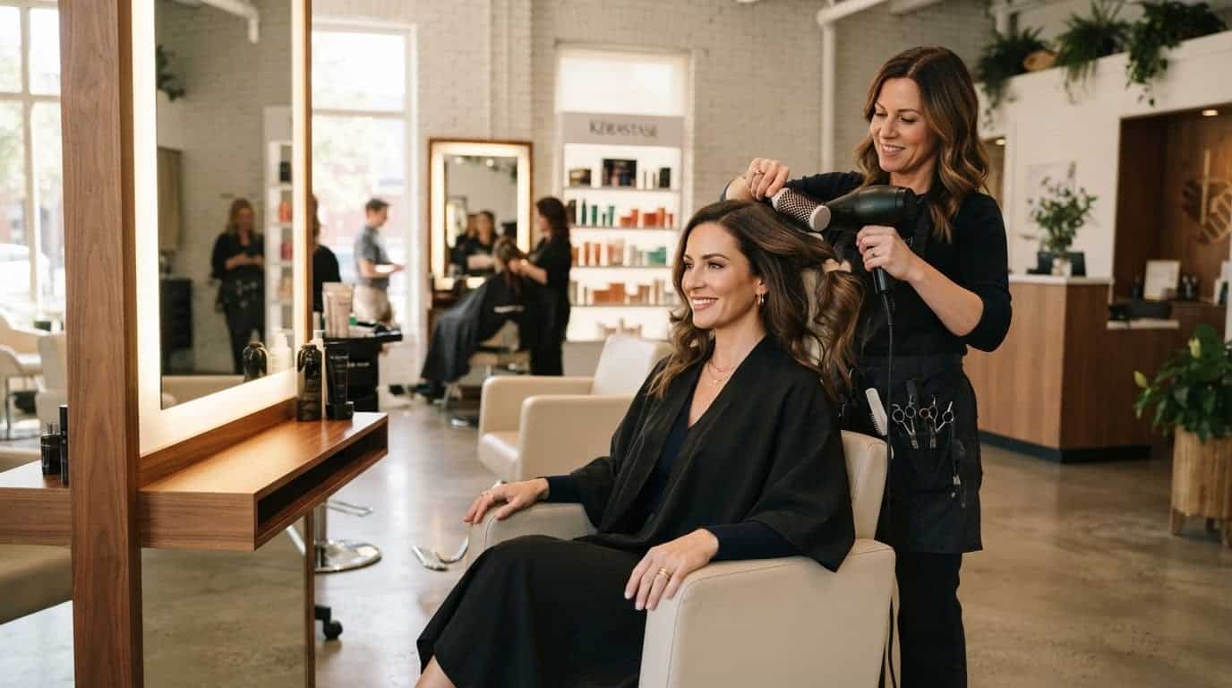 Woman in a salon chair with a stylist — how to choose a haircut before the salon