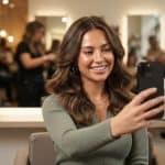 Woman taking a selfie to preview a new hairstyle — virtual hairstyle try-on
