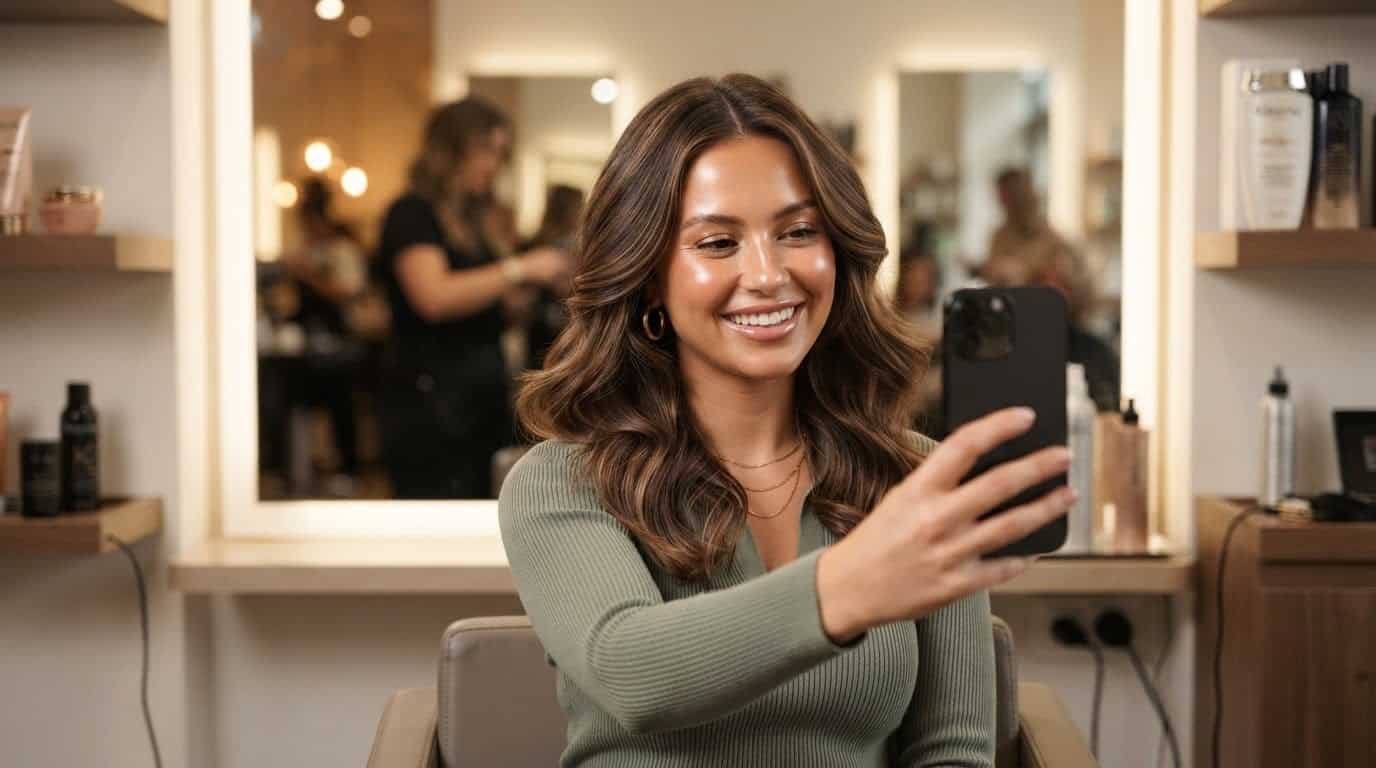 Woman taking a selfie to preview a new hairstyle — virtual hairstyle try-on